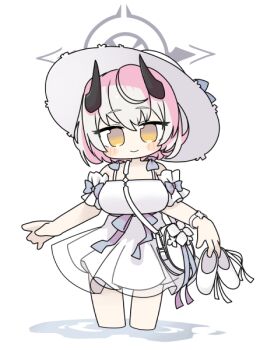 1girl bag bare_shoulders blue_archive blue_bow blush_stickers bow breasts brown_eyes chibi closed_mouth dress flower grey_hair halo hat holding holding_shoes holding_unworn_clothes horns large_breasts miranofuudoria sena_(blue_archive) shoes shoulder_bag simple_background sleeveless sleeveless_dress smile solo standing unworn_shoes wading water white_background white_dress white_flower white_hat white_shoes