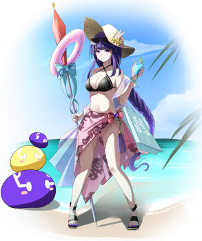 1girl absurdres alternate_costume bare_shoulders beach blunt_bangs braid breasts cleavage collarbone commentary electro_slime_(genshin_impact) full_body genshin_impact hat highres holding holding_polearm holding_weapon large_breasts long_braid long_hair mutant_electro_slime_(genshin_impact) navel ocean outdoors palm_tree polearm raiden_shogun sand sandals shade shadow side_slit single_braid skirt slime_(genshin_impact) solo standing stomach swimsuit thighs tree water weapon winterlime12