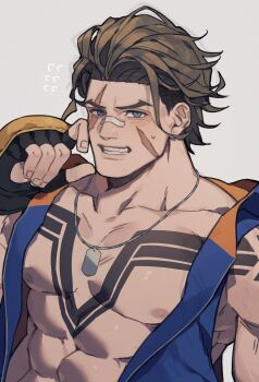 1boy abs absurdres arm_up bandaid bandaid_on_face bare_pectorals blue_eyes blue_jacket brown_hair commentary commentary_request facial_scar fingerless_gloves fingernails flying_sweatdrops forked_eyebrows gloves grey_background grin hair_slicked_back highres hood hood_down hooded_jacket jacket looking_at_viewer luke_sullivan male_focus mma_gloves multiple_scars nervous_sweating nipples pectorals prat_rat scar scar_across_eye scar_on_cheek scar_on_face short_sideburns sleeveless sleeveless_jacket smile solo street_fighter street_fighter_6 sweat teeth unzipped upper_body