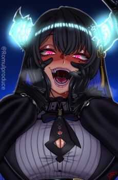1girl absurdres asymmetrical_horns black_gloves black_hair blue_background blue_hair breasts breath cleavage fang gloves glowing glowing_eyes highres hololive hololive_english horns large_breasts long_hair multicolored_hair nerissa_ravencroft nerissa_ravencroft_(1st_costume) open_mouth purple_eyes romulproduce saliva simple_background solo two-tone_hair uneven_horns upper_body virtual_youtuber