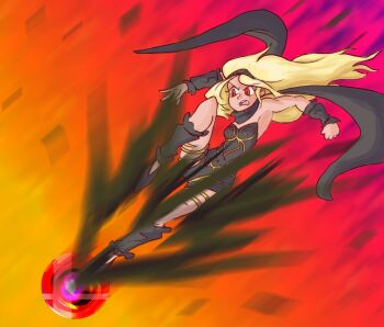 Rule 34 | armpits, bare shoulders, blonde hair, dark-skinned female, dark skin, davewaterfalls, gravity daze, hairband, kicking, kitten (gravity daze), leotard, red eyes, scarf