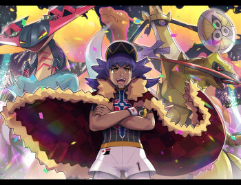 1boy :d aegislash baseball_cap black_shirt brown_eyes cape champion_uniform charizard commentary confetti cowboy_shot crossed_arms dark-skinned_male dark_skin dragapult dragon dreepy dynamax dynamax_band facial_hair fire fur-trimmed_cape fur_trim gen_1_pokemon gen_5_pokemon gen_6_pokemon gen_8_pokemon gigantamax gigantamax_charizard gloves gonzarez hat haxorus highres leggings leon_(pokemon) letterboxed long_hair looking_at_another looking_at_viewer male_focus nintendo open_mouth partially_fingerless_gloves pokemon pokemon_(creature) pokemon_swsh print_shirt purple_hair red_cape shirt short_shorts short_sleeves shorts single_glove smile standing teeth upper_teeth_only white_leggings white_shorts