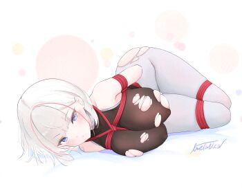 Rule 34 | 1girl, :o, areola slip, arms behind back, azur lane, black bodysuit, blue eyes, blush, bodysuit, bound, bound arms, bound thighs, bound wrists, braid, breasts, commentary request, covered erect nipples, grey hair, highres, i-404 (azur lane), i-404 (dance of crimson strings) (azur lane), large breasts, livetarica, looking at viewer, lying, medium hair, multicolored hair, official alternate costume, on side, pantyhose, parted lips, polka dot, polka dot background, red hair, restrained, shibari, shibari over clothes, signature, simple background, solo, streaked hair, thighs, torn bodysuit, torn clothes, white background, white hair, white pantyhose