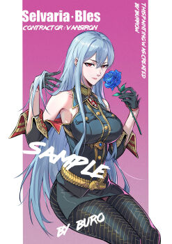 1girl absurdres bare_shoulders black_gloves border breasts bu_ruo1996_(caricaturist) character_name flower gloves gradient_background grey_hair highres holding holding_flower large_breasts long_hair military military_uniform pantyhose pink_background red_eyes selvaria_bles senjou_no_valkyria senjou_no_valkyria_(series) senjou_no_valkyria_1 sitting solo white_border