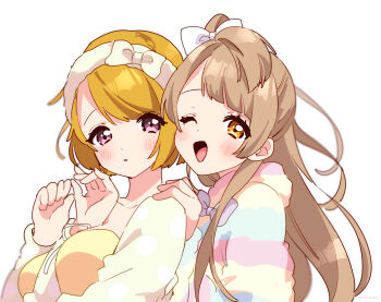 2girls 8mtmo ;d absurdres arm_between_breasts between_breasts blonde_hair blush bow bow_hairband breasts brown_eyes brown_hair commentary_request dot_nose hair_bow hairband hand_on_another&#039;s_shoulder highres hood hood_down hoodie koizumi_hanayo long_hair long_sleeves looking_at_viewer loungewear love_live! love_live!_school_idol_festival love_live!_school_idol_project medium_breasts minami_kotori multicolored_hoodie multiple_girls one_eye_closed one_side_up open_mouth parted_lips partial_commentary purple_eyes short_hair simple_background smile twitter_username upper_body white_background white_bow