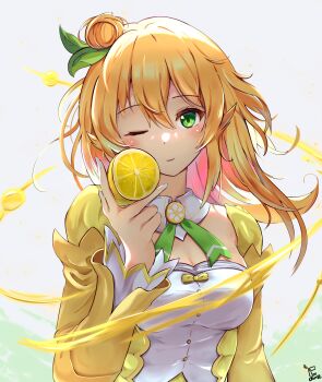 1girl ;) aura backlighting blush breasts cleavage closed_mouth commentary cruvie detached_collar dress eyelashes floating_hair food fruit green_eyes green_ribbon hair_between_eyes hair_bun hair_ornament hand_up highres hinatsuki_mikan holding holding_food holding_fruit large_breasts leaf_hair_ornament lemon lemon_slice long_hair long_sleeves looking_at_viewer machikado_mazoku magical_girl neck_ribbon one_eye_closed orange_hair ribbon signature simple_background single_side_bun smile solo two-tone_dress upper_body v white_background white_dress wide_sleeves yellow_dress
