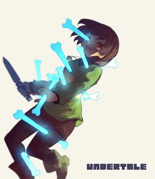 1girl :d ankle_boots backlighting black_pantyhose bob_cut bone boots breasts brown_boots brown_hair brown_shorts chara_(undertale) commentary_request copyright_name dagger foot_out_of_frame genderswap genderswap_(otf) glowing green_shirt holding holding_dagger holding_knife holding_weapon knife layered_sleeves leaning_back looking_at_viewer open_mouth oshiruko_(tsume) pantyhose red_eyes shirt short_hair short_shorts shorts simple_background small_breasts smile solo standing standing_on_one_leg striped_clothes striped_shirt two-tone_shirt undershirt undertale utdr_(toby_fox) weapon yellow_background yellow_shirt