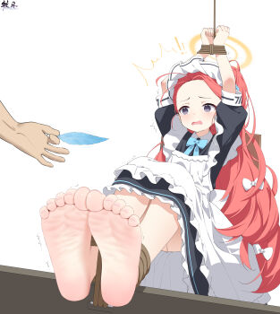 ! !! 1girl 1other ^^^ absurdres antenna_hair apron arms_up artist_name barefoot bilingual_commentary black_dress blue_archive blue_bow blue_bowtie blue_feathers blue_ribbon blush borrowed_clothes bound bound_legs bound_wrists bow bowtie chair chinese_commentary collared_dress commentary_request curled_fingers d: dress feathers feet foot_focus forehead frilled_apron frilled_dress frills furrowed_brow hair_bow hair_ribbon halo headdress highres holding holding_feather imminent_tickling knees_up legs_together long_hair looking_at_another maid maid_headdress millennium_science_school_logo mixed-language_commentary mo_moon multiple_hair_bows official_alternate_costume official_alternate_hairstyle on_chair open_mouth orange_halo partial_commentary pixiv_id ponytail power_symbol puffy_short_sleeves puffy_sleeves purple_eyes red_hair restrained ribbon short_sleeves simple_background sitting soles solo_focus toe_scrunch toenails toes trembling very_long_hair white_apron white_background white_bow white_headdress yuzu_(blue_archive) yuzu_(maid)_(blue_archive)