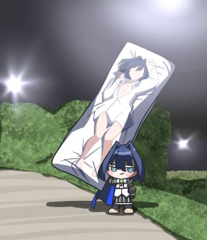 1girl absurdres black_skirt black_sleeves blue_cape blue_eyes blue_hair bush cape crocs dakimakura_(object) guts_cosplayer_holding_giant_dragonslayer_(meme) highres hololive hololive_english kkeulna meme night ouro_kronii outdoors pillow shirt skirt solo virtual_youtuber white_shirt