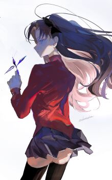Rule 34 | 1girl, black skirt, black thighhighs, blue eyes, brown hair, cowboy shot, fate/stay night, fate (series), floating hair, gem, hair ribbon, highres, holding, holding gem, long hair, long sleeves, looking at viewer, looking back, profile, red shirt, ribbon, shirt, simple background, skirt, solo, thighhighs, tohsaka rin, turtleneck, two side up, ubwmitekure, white background, wind, zettai ryouiki