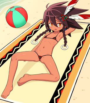 1girl ami_(ammy33) anus anus_peek arm_behind_head armpits ball barefoot beach beach_towel beachball bikini blush braid brown_hair character_request dark-skinned_female dark_skin etrian_odyssey fang feather_hair_ornament feet female_focus flat_chest hair_ornament loli looking_at_viewer lying micro_bikini navel on_back open_mouth partially_visible_vulva revealing_clothes sand skin_fang solo spread_legs swimsuit toes towel twin_braids water yellow_eyes