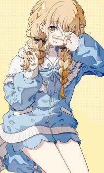 Rule 34 | 1girl, absurdres, alternate costume, blonde hair, braid, casual, chinese commentary, commentary request, french braided twintails, fujita kotone, gakuen idolmaster, hair between eyes, hair ornament, hand over eye, hands up, highres, idolmaster, kneeling, long hair, long sleeves, looking at viewer, migolu, open mouth, ribbon, simple background, smile, solo, twin braids, v, yellow background, yellow eyes