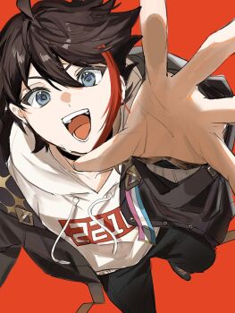 1boy 8dai ahoge arm_up black_hair black_jacket black_pants blue_eyes commentary foreshortening hair_between_eyes hashtag-only_commentary highres hood hoodie jacket long_sleeves male_focus multicolored_hair nijisanji open_clothes open_jacket open_mouth outstretched_arm pants red_background saegusa_akina saegusa_akina_(1st_costume) short_hair simple_background smile solo streaked_hair virtual_youtuber white_hoodie