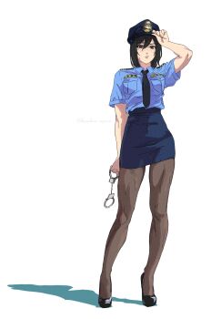 1girl black_hair black_necktie black_shoes blue_skirt blush closed_mouth collared_shirt commentary cuffs darao_(daradara_suyaaa) facial_scar full_body hair_between_eyes handcuffs hat hat_tip highres holding holding_handcuffs legs looking_at_viewer mikasa_ackerman miniskirt muscular muscular_female necktie pantyhose pencil_skirt police police_hat police_uniform policewoman scar scar_on_cheek scar_on_face shingeki_no_kyojin shirt shoes short_hair short_sleeves skirt solo standing sweatdrop symbol-only_commentary thighs toned toned_female twitter_username white_background
