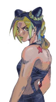 1girl birthmark braid cone_hair_bun double_bun eyelashes from_side green_eyes green_lips hair_bun highres humanlynn joestar_birthmark jojo_no_kimyou_na_bouken kuujou_jolyne long_hair looking_at_viewer multicolored_hair simple_background solo star_(symbol) stone_ocean streaked_hair toned toned_female two-tone_hair upper_body white_background