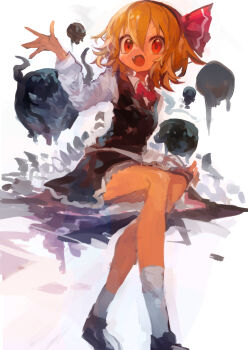 1girl absurdres black_shoes black_skirt black_vest blonde_hair collared_shirt commentary_request fang hair_ribbon highres kaamin_(mariarose753) long_sleeves looking_at_viewer open_mouth red_eyes red_ribbon ribbon rumia shirt shoes short_hair sitting skirt skirt_set socks solo touhou vest white_shirt white_socks