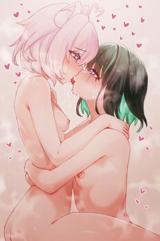 2girls absurdres aisu_koffie amo_aster animal_ear_fluff animal_ears arms_around_another's_waist arms_around_neck ass black_hair blush breasts cat_ears colored_inner_hair commentary_request commission completely_nude eye_contact face-to-face french_kiss green_hair heart heart-shaped_pupils heart_in_eye highres hug indie_virtual_youtuber kiss looking_at_another multicolored_hair multiple_girls nude open_mouth pink_hair sadukitsune saliva saliva_trail short_hair simple_background small_breasts steam symbol-shaped_pupils symbol_in_eye two-tone_hair virtual_youtuber yuri