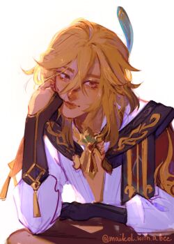 1boy backlighting blonde_hair bridal_gauntlets brown_hair cape clenched_hand closed_mouth commentary crossed_bangs earrings english_commentary feather_hair_ornament feathers genshin_impact gold_trim gradient_hair hair_between_eyes hair_ornament hand_on_own_face hand_up highres jewelry kaveh_(genshin_impact) lips long_sleeves looking_at_viewer maikol_with_a_b male_focus multicolored_hair puffy_long_sleeves puffy_sleeves red_cape red_eyes shadow shirt short_hair sidelocks simple_background smile solo table tassel tassel_earrings upper_body white_background white_shirt