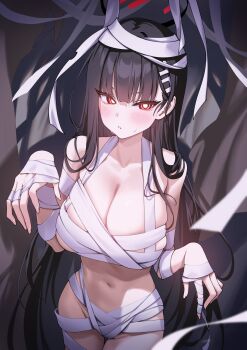 1girl black_hair black_halo blue_archive breasts bright_pupils collarbone commentary_request hair_ornament hairclip halloween halo highres large_breasts long_hair looking_at_viewer multicolored_halo mummy_costume navel red_eyes red_halo rio_(blue_archive) solo two-tone_halo white_pupils yampa