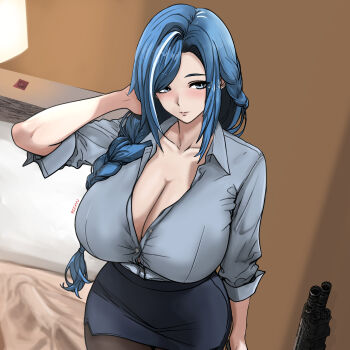 1girl absurdres alternate_costume artist_name bed_sheet black_pantyhose blue_hair blue_shirt blue_skirt breasts button_gap cleavage closed_mouth collared_shirt commentary english_commentary from_above girls&#039;_frontline girls&#039;_frontline_2:_exilium grey_eyes hair_over_shoulder highres indoors long_hair looking_to_the_side miniskirt multicolored_hair office_lady pantyhose partially_unbuttoned pillow rizayu shirt shirt_tucked_in skirt sleeves_rolled_up solo standing streaked_hair