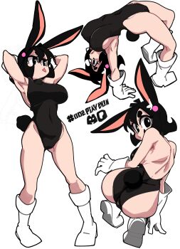 1girl absurdres animal_ears armpits ass bending_backward black_hair black_leotard bongftah breasts covered_navel full_body highres hip_bones large_breasts leotard looking_at_viewer looking_back looking_to_the_side original rabbit_ears rabbit_girl rabbit_tail short_hair simple_background standing tail tongue tongue_out white_background white_footwear