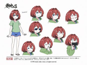 Rule 34 | 1990, 4chan, blue shorts, commentary, concept art, crying, english commentary, flat chest, flip-flops, green hoodie, green shirt, gun, hair between eyes, hair intakes, handgun, holding, holding gun, holding weapon, hood, hoodie, jaggy lines, medium hair, multiple expressions, nervous, nervous sweating, official art, otachanshow, palms together, peepo-chan, peepochan, pepe the frog, personification, production art, sandals, shirt, short shorts, shorts, simple background, smug, sunglasses, sweat, t-shirt, translation request, weapon, white background