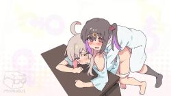 1futa 1girl ahoge animated barefoot bent_over black_socks blush bow breasts brown_eyes clothed_sex coat colored_inner_hair commentary doggystyle dot_nose erection feet furrowed_brow futa_with_female futanari genderswap genderswap_(mtf) grey_hair hair_between_eyes hair_bow hair_ornament hairpin heart heart-shaped_pupils implied_sex incest kneehighs lab_coat long_hair looping_animation male-female_symbol medium_breasts medium_hair momo_no_suidou-sui multicolored_hair no_pants no_shoes off_shoulder onii-chan_wa_oshimai! open_clothes open_coat oversized_clothes oversized_shirt oyama_mahiro oyama_mihari panties panties_around_leg panty_pull penis pink_hair pocket purple_hair red_bow sex sex_from_behind shirt short_twintails siblings simple_background sisters socks streaked_hair symbol-shaped_pupils t-shirt table tagme tareme twintails two-tone_hair underwear video white_background white_coat white_panties white_shirt