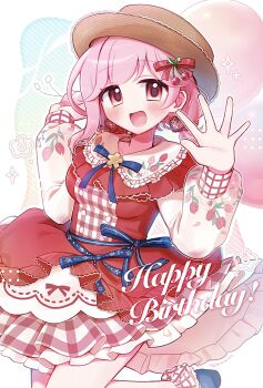 1girl blue_shoes cherry_hair_ornament d4dj dress earrings floral_print flower food-themed_hair_ornament frilled_dress frills hair_ornament happy_birthday hat heart heart_earrings highres jewelry kumano_shota lace long_sleeves looking_at_viewer official_alternate_costume open_mouth pink_hair red_dress sakurada_miyu shoes short_hair solo upper_body