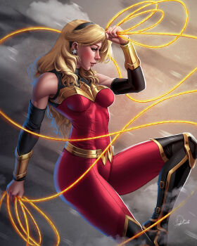 1girl belt black_boots black_hairband black_sleeves blonde_hair blue_eyes bodysuit boots bracer breasts cassie_sandsmark dc_comics detached_sleeves douglas_bicalho earrings gold_belt hairband highres jewelry lasso_of_truth long_hair medium_breasts red_bodysuit sleeveless sleeveless_bodysuit solo thigh_boots wonder_girl wonder_woman_(series)