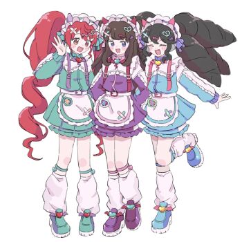 3girls :d apron backpack bag black_hair blue_eyes blue_jacket blue_shoes brown_hair cha_(ntrikti) commentary_request full_body gaaruru_(pripara) green_jacket green_shoes hand_up highres jacket jersey_maid kurosu_aroma leg_warmers long_hair long_sleeves looking_at_viewer maid maid_headdress multiple_girls open_mouth ponytail pretty_series pripara purple_jacket purple_shoes red_hair shiratama_mikan shoes simple_background smile standing standing_on_one_leg track_jacket twintails unconventional_maid waist_apron white_apron white_background