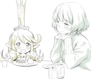 Rule 34 | 10s, 2girls, :d, beer can, blush, can, charlotta (granblue fantasy), commentary, crossover, crown, cup, drink can, food, fork, granblue fantasy, harvin, idolmaster, idolmaster cinderella girls, jpeg artifacts, mole, mole under eye, monochrome, multiple girls, okosama lunch, open mouth, own hands clasped, own hands together, plate, pointy ears, sketch, smile, spoon, table, takagaki kaede, zanzi