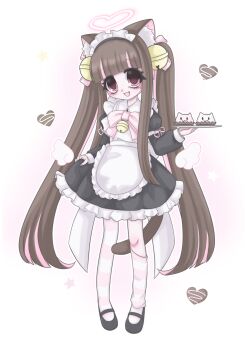 Rule 34 | 1girl, absurdres, angel, animal-themed food, animal ear fluff, animal ears, apron, asymmetrical legwear, bell, black shoes, bow, bowtie, brown hair, cat, cat ears, cat girl, cat tail, colored inner hair, commentary request, crybabierin, deformed, full body, hair bell, hair ornament, hair ribbon, halo, hand up, head tilt, heart, heart halo, highres, holding, holding plate, juliet sleeves, long hair, long sleeves, maid, maid apron, maid headdress, mismatched legwear, multicolored hair, original, pink bow, pink bowtie, pink eyes, pink hair, pink ribbon, pink socks, plate, puffy long sleeves, puffy sleeves, ribbon, shoes, skirt hold, socks, solo, standing, tail, very long hair, white apron, white headdress