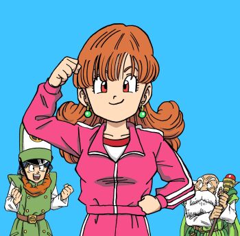 1girl 2boys alena_(dq4) alternate_costume beard blue_background blue_hair brey cape clenched_hands clift commentary_request dragon_quest dragon_quest_iv earrings facial_hair green_cape green_hat hand_on_own_hip hat highres holding holding_staff jacket jewelry lee_(dragon_garou) long_hair mitre multiple_boys official_style old old_man open_mouth orange_hair pants pink_jacket pink_pants red_eyes smile staff track_jacket track_pants track_suit white_hair