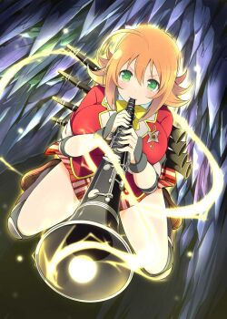1girl ahoge ankle_socks armor aura black_socks blowing border bow bowtie breasts card_(medium) cave chainmail character_name clarinet elbow_pads energy english_text fishnets green_eyes holding holding_instrument instrument jacket knee_pads kneeling kosuzu_(senran_kagura) large_breasts loafers medium_hair miniskirt music official_alternate_costume official_art orange_hair plaid_clothes plaid_skirt playing_instrument pleated_skirt red_jacket red_skirt senran_kagura senran_kagura_new_wave shoes skirt socks solo stalactite treble_clef yellow_bow yellow_bowtie