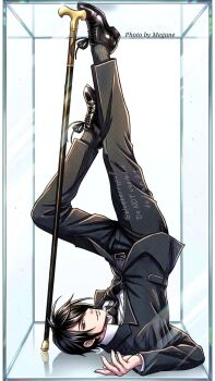 1boy artist_name belt belt_buckle black_belt black_hair black_jacket black_necktie black_pants black_shoes black_socks black_suit brown_eyes buckle cane collared_shirt commentary derivative_work english_commentary feet_up final_fantasy final_fantasy_vii formal_clothes full_body hair_over_one_eye highres jacket looking_at_viewer lying male_focus monsterbf1ilove necktie official_alternate_costume on_back pants parted_lips ribbed_socks shirt shoes short_hair socks solo stuck_in_a_box suit suit_jacket twitter_username vincent_valentine white_shirt