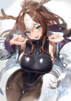 1girl absurdres akris_(deer_chang) animal_ears antlers bare_shoulders black_leotard black_pantyhose blue_eyes blush breasts brown_hair commentary_request commission commissioner_name dated deer_antlers deer_ears deer_girl heattech_leotard highres horns jacket large_breasts leotard long_hair looking_at_viewer multicolored_hair open_mouth original pantyhose ponytail ryuji_(ikeriu) second-party_source skeb_commission sleeveless sleeveless_turtleneck solo streaked_hair teeth thank_you thighs turtleneck upper_teeth_only white_hair white_jacket