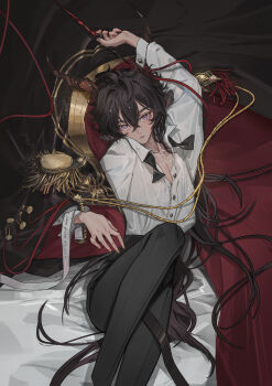 1boy absurdres animal_ears arknights arm_above_head arm_up bishounen black_bow black_bowtie black_cape black_hair black_pants bow bowtie cape collared_shirt commentary_request conductor_baton double-parted_bangs dress_shirt ebenholz_(arknights) ebenholz_(eine_variation)_(arknights) epaulettes eureka1812 goat_boy goat_ears goat_horns hair_between_eyes high-waist_pants highres holding horns long_hair long_sleeves looking_at_viewer lying male_focus official_alternate_costume on_back open_clothes open_shirt pants purple_eyes shirt solo undone_bowtie very_long_hair white_shirt