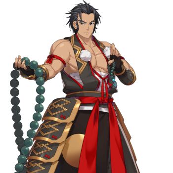 Rule 34 | 1boy, abs, bare shoulders, black gloves, black hair, dark-skinned male, dark skin, fingerless gloves, gloves, holding, kokua (moe! ninja girls), light frown, looking at viewer, male focus, manly, moe! ninja girls, muscular, muscular male, official art, pectorals, short hair, simple background, solo, standing, transparent