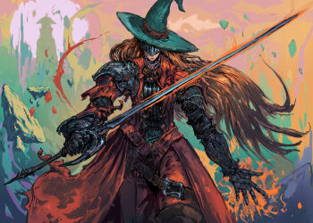 1girl armor carpet_crawler commentary english_commentary floating_rock frown glowing glowing_sword glowing_weapon hat highres holding holding_sword holding_weapon inscryption long_hair looking_at_viewer mage_knight_(inscryption) magic official_art orange_hair pike_mage_(inscryption) solo sword very_long_hair weapon witch_hat