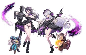 Rule 34 | 2girls, ahoge, ascot, ball, bandaged head, bandages, bare legs, black boots, black bow, black collar, black dress, black hair, black hairband, black leg warmers, black panties, blue eyes, blush, boots, bow, breasts, brown boots, cameltoe, cleavage, cleavage cutout, closed eyes, clothing cutout, clown makeup, clown nose, collar, crinoline, detached sleeves, dress, electric guitar, fangs, flower, frilled collar, frilled dress, frilled hairband, frilled sleeves, frilled socks, frills, full body, gloves, gothic lolita, guitar, hair between eyes, hairband, hat, heart, hela (last origin), helm, helmet, high-low dress, high heel boots, high heels, highres, holding, holding ball, holding guitar, holding instrument, huge breasts, instrument, jester, jester cap, knife in mouth, lace, lace-trimmed panties, lace thigh strap, lace trim, last origin, leg up, leg warmers, lolita fashion, long hair, looking at viewer, mel (dodosae), messy hair, microskirt, multiple girls, non-web source, official alternate costume, official art, open mouth, panties, ponytail, pubic tattoo, purple ascot, purple eyes, purple flower, purple rose, purple skirt, raccoon, red scarf, robot, rose, scarf, sidelocks, simple background, skirt, small breasts, smile, socks, soulworker, standing, standing on one leg, stella unibell, tachi-e, tattoo, transparent background, underbust, underwear, very long hair, white gloves, white hair, white socks