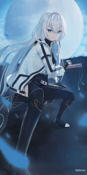 absurdres beads clothing_cutout crossed_bangs double-parted_bangs eiyuu_densetsu floating_hair fortified_suit highres holding holding_sword holding_weapon katana kuro_no_kiseki_(series) kurogane_(eiyuu_densetsu) mecha_pilot_suit prayer_beads shizuna_rem_misurugi stteroo sword thigh_cutout weapon white_hair