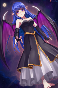 Rule 34 | 1girl, absurdres, artist name, bare shoulders, barefoot, bat wings, black dress, black gloves, blue hair, blunt bangs, blush, breasts, cleavage, closed mouth, collarbone, demon girl, demon wings, dress, elbow gloves, feet, fingerless gloves, from below, full body, full moon, gloves, highres, long dress, long hair, looking at viewer, lori hagami, medium breasts, moon, night, original, patreon logo, patreon username, pointy ears, purple eyes, sky, solo, standing, strapless, strapless dress, toes, very long hair, wings