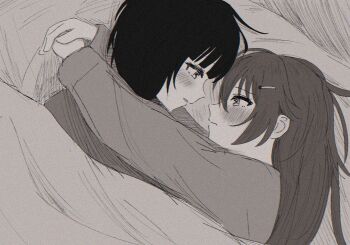 2girls arms_around_neck asaka_karin blush closed_mouth commentary cuddling eye_contact greyscale hair_ornament highres hiiragi_(67snkt) konoe_kanata long_hair looking_at_another love_live! love_live!_nijigasaki_high_school_idol_club monochrome multiple_girls parted_lips under_covers yuri