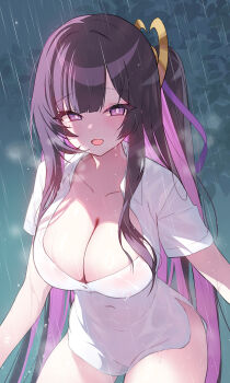 1girl apple_caramel blush bow breasts bright_pupils chitose_(stella_sora) cleavage colored_inner_hair covered_navel curvy dress hair_bow highres large_breasts long_hair looking_at_viewer multicolored_hair open_mouth outdoors pink_hair purple_eyes purple_hair rain see-through_clothes short_sleeves smile solo stella_sora thick_thighs thighs wet wet_clothes white_dress white_pupils yellow_bow