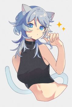 Rule 34 | 1girl, animal ear fluff, animal ears, armpit crease, blue eyes, breasts, cat ears, cat girl, cat tail, cipher (honkai: star rail), commentary request, grey hair, hair down, halterneck, highres, honkai: star rail, honkai (series), medium hair, midriff, riu twilight25, simple background, sleeveless, sparkle, tail, turtleneck, upper body