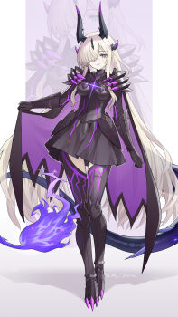 1girl absurdres alternate_costume arknights armor armored_boots armored_dress artist_name black_boots black_cape black_horns black_thighhighs blonde_hair boots cape cape_hold chinese_commentary commentary_request diffraction_spikes dress fire flame-tipped_tail full_body gauntlets green_eyes hair_over_one_eye highres horns jiuyu_qame knee_boots long_hair looking_at_viewer monster_hunter_(series) necrass_(arknights) one_eye_covered purple_cape purple_fire purple_horns smile solo standing tail thighhighs two-sided_cape two-sided_fabric very_long_hair zoom_layer