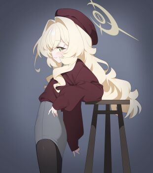 Rule 34 | 1girl, :3, absurdres, alternate costume, beret, black pantyhose, blonde hair, blue archive, blue background, blush, commentary request, cowboy shot, elbow on table, elbow rest, fluffy hair, from side, green eyes, grey skirt, hair intakes, halo, hat, highres, honi (honi1010), korean commentary, long hair, looking at viewer, pantyhose, pencil skirt, professor niyaniya (blue archive), red hat, red shirt, shirt, simple background, skirt, sleeves past wrists, smile, solo, yellow halo