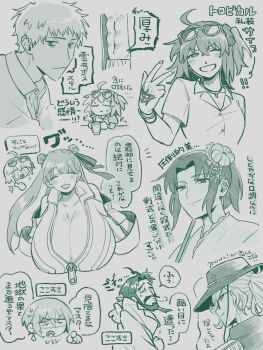 Rule 34 | !, !!, 3girls, 4boys, abs, ahoge, beard, bracelet, breasts, bucket hat, closed eyes, command spell, commentary request, cropped shoulders, cropped torso, cup, double bun, earrings, edmond dantes (fate), edmond dantes (monte cristo selection) (fate), edward teach (fate), eyewear on head, facial hair, facing viewer, fate/grand order, fate (series), flower, frown, fujimaru ritsuka (female), gigantic breasts, greyscale, grin, hair bun, hair flower, hair ornament, hair ribbon, hat, head only, highres, hoi teppie, japanese clothes, jason (fate), jewelry, kimono, lapels, light blush, livestream, looking at viewer, looking back, medium hair, monochrome, multiple boys, multiple bracelets, multiple girls, multiple necklaces, necklace, notched lapels, one eye closed, open clothes, open mouth, open shirt, partially unzipped, passionlip (fate), passionlip (swimsuit saber) (first ascension) (fate), ribbon, ryougi shiki, ryougi shiki (swimsuit mooncancer) (second ascension), saitou hajime (fate), saitou hajime (the grinning man of the beach) (fate), scrunchie, short hair, short side ponytail, short sleeves, sidelocks, sketch, smile, speech bubble, sunglasses, sweat, thumbs up