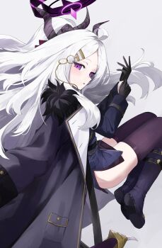 1girl absurdres ahoge black_coat black_gloves black_halo black_skirt black_thighhighs blue_archive blush coat coat_on_shoulders commentary_request demon_girl demon_horns demon_wings gloves halo highres hina_(blue_archive) horns long_hair looking_at_another looking_at_viewer low_wings purple_eyes simple_background skirt solo thighhighs thighs very_long_hair white_hair wings yoshiharu_auf