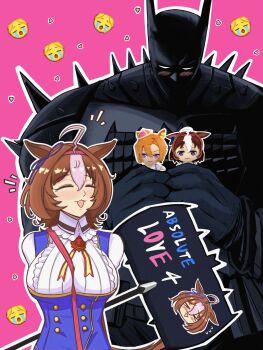 1boy 1girl absolute_batman absolute_dc ahoge animal_ears batman between_breasts blue_dress blush bodysuit bow breasts brown_hair cape character_doll closed_eyes cowl crossover crown dc_comics doll double-parted_bangs dress ear_ribbon emoticon gloves hair_between_eyes hairband headband highres holding holding_doll holding_sign horse_ears horse_girl johnholl0w large_breasts long_sleeves mask medium_hair meisho_doto_(turbulent_blue)_(umamusume) meisho_doto_(umamusume) mini_crown multicolored_hair open_mouth orange_hair pink_background pink_crown pink_hairband pink_headband purple_eyes purple_shirt sailor_collar sailor_shirt school_uniform shirt short_hair sign smile strap_between_breasts superhero_costume t.m._opera_o_(umamusume) tracen_school_uniform two-tone_hair umamusume white_dress white_hair white_sailor_collar